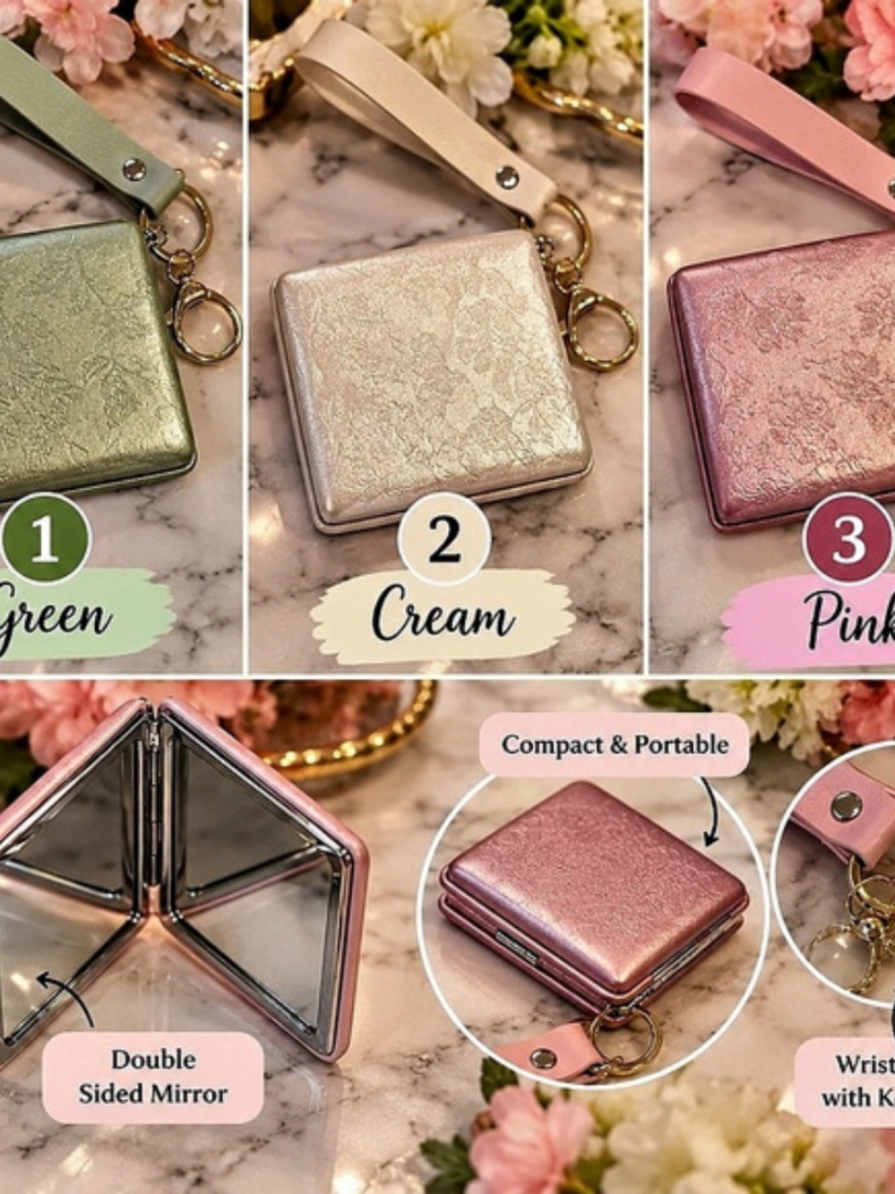 Compact Wallet with Mirror in Green & Pink